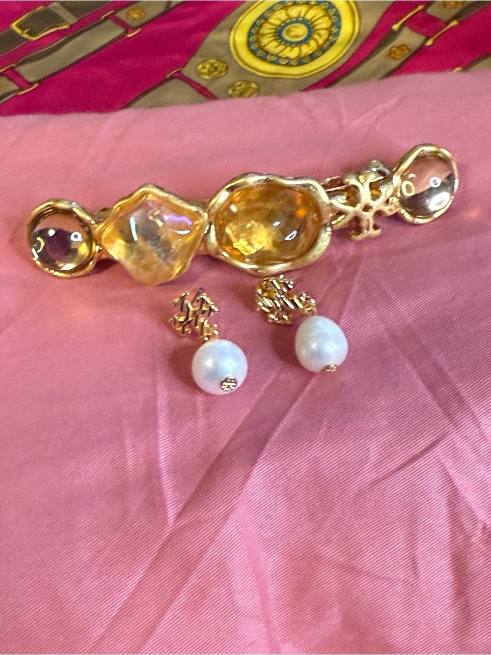 Tory Burch Gold-Tone Barrette & Faux Pearl Drop Earrings Bundle